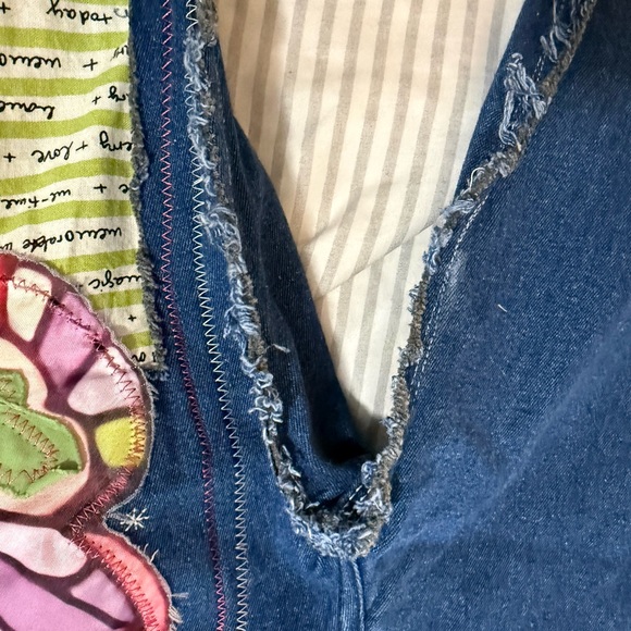 Upcycled  Denim Overalls with Colorful Patch Trim - Picture 16 of 16